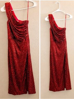 DRESS THE POPULATION One-Shoulder Red Sequin Midi Palmer Dress w/ Slit
